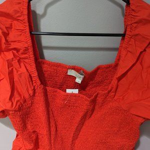 LOFT Red Smocked Puff Sleeve Top